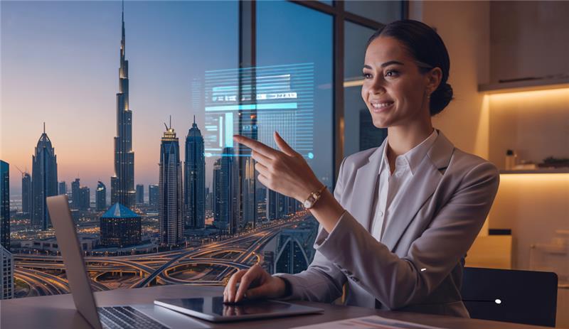 A professional in business attire works on a laptop with a stunning city skyline at dusk, featuring skyscrapers and vibrant lights, representing strategies on How to Sell Digital Marketing Services.