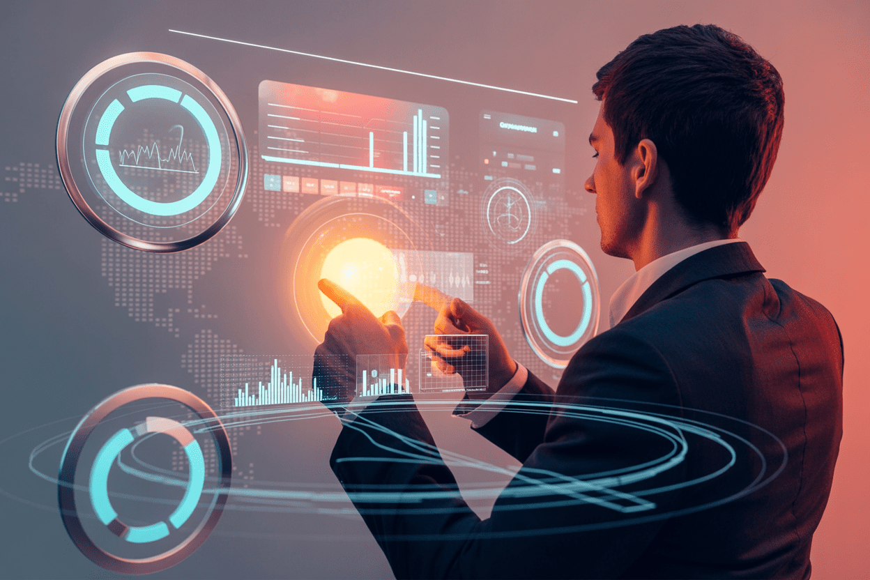A businessman interacts with a futuristic holographic interface displaying various data visualizations and metrics.