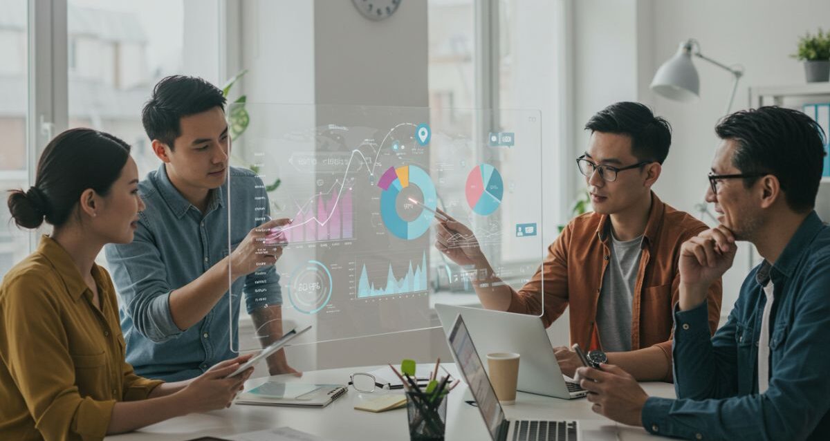 Digital Marketing A group of professionals engaged in a discussion with colorful digital graphs and charts projected in front of them, representing a successful Digital-Marketing strategy.