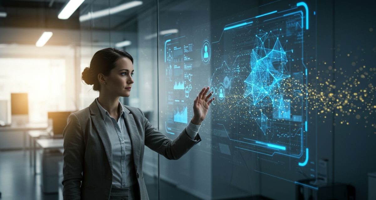 A business professional interacts with a high-tech digital interface displaying data and analytics in a modern office environment, showcasing Digital Transformation.