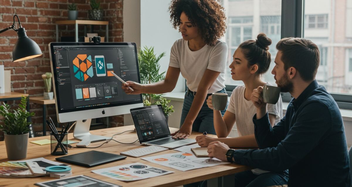 A team from Graphic Design Companies collaborates in a modern office, reviewing design projects displayed on a computer screen, with sketches and mugs on the table.