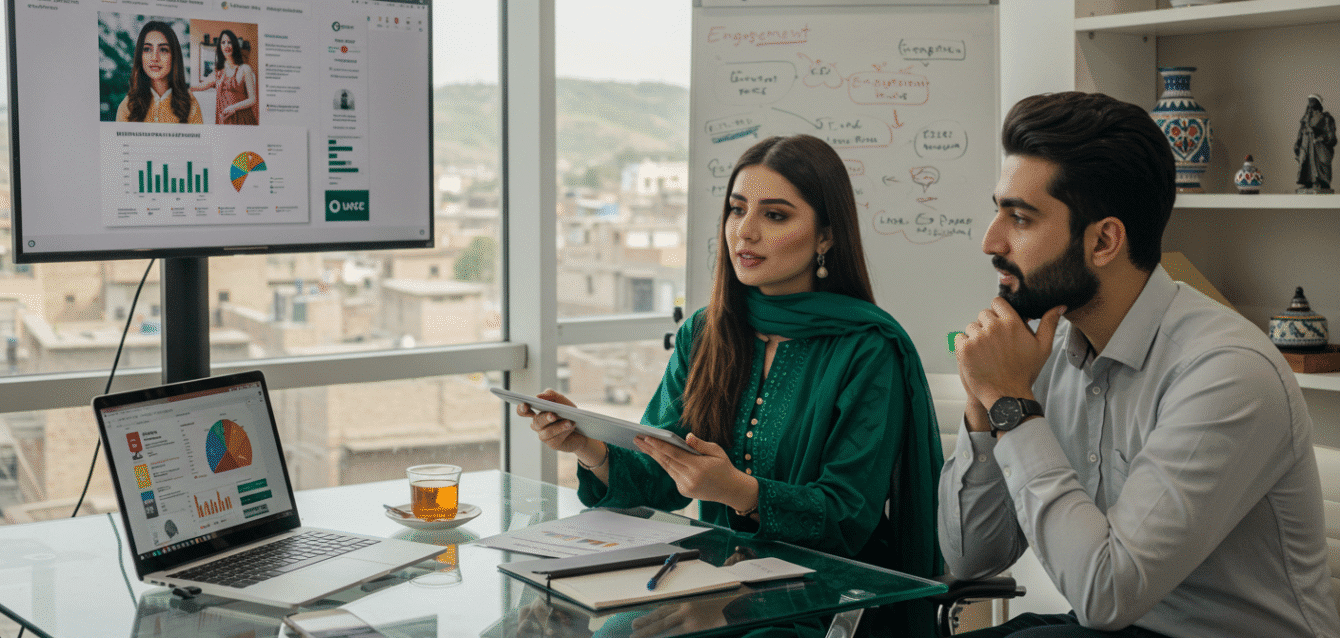 Low Cost SEO Services for Small Business: A woman in a green outfit holds a tablet while discussing data presented on a monitor, with a laptop and notebook on the table.