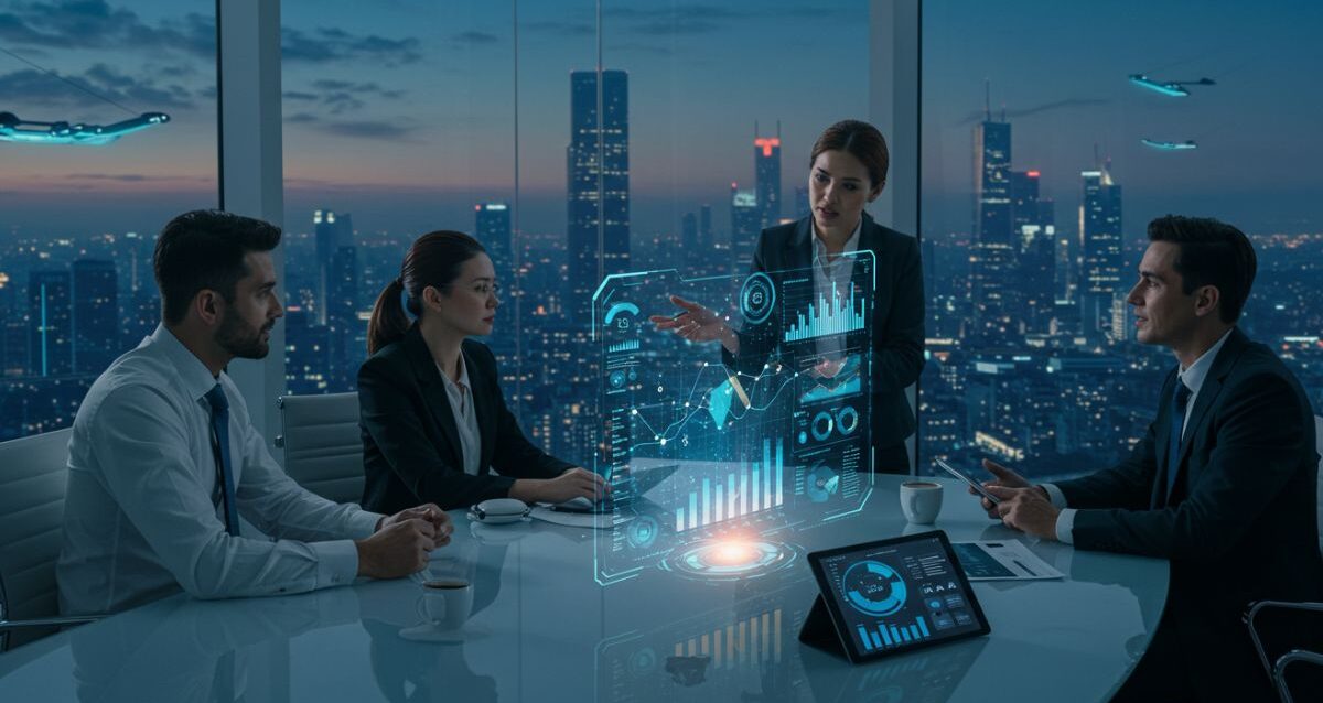 A Meta Group business meeting in a high-rise office, featuring a digital display of data graphs and statistics against a city skyline backdrop.