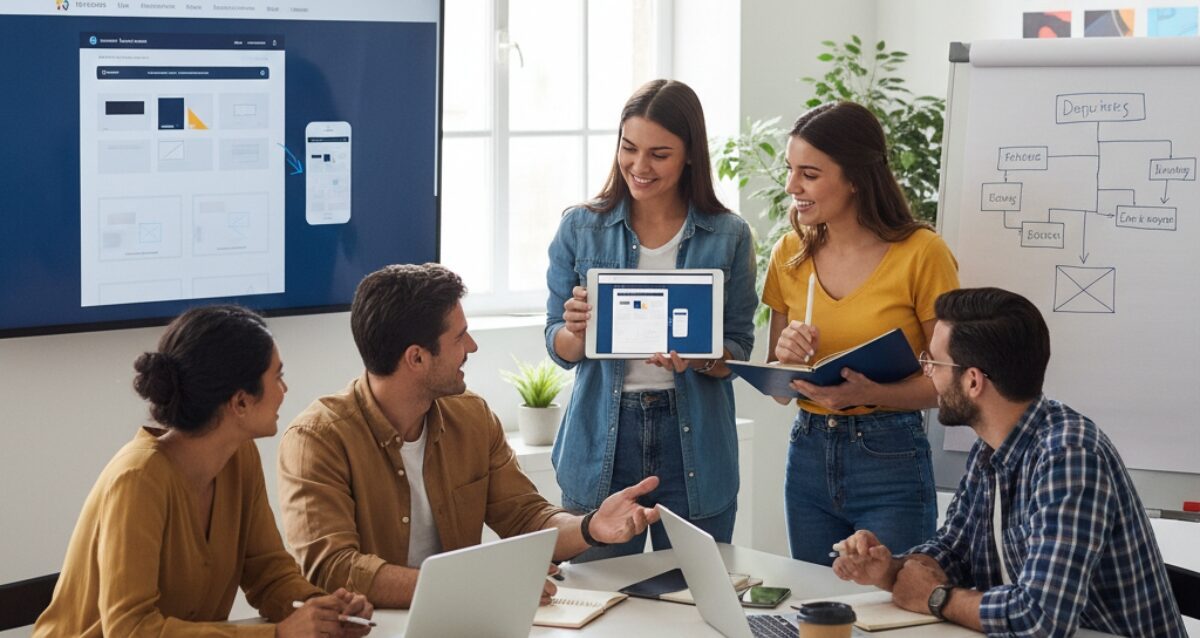 Modern team discussing a project in an office, showcasing the culture of a responsive web design agency in 2026.