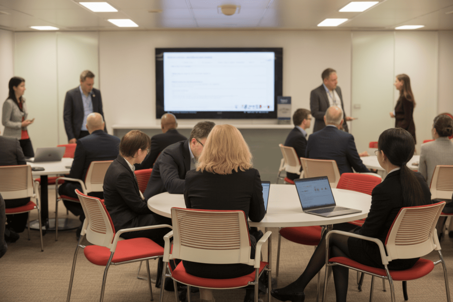 A business meeting in a modern conference room with participants engaged in discussion around a central table and a presentation screen.