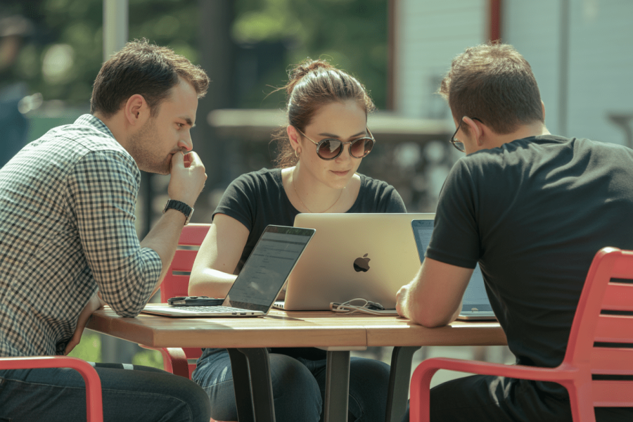 Three individuals sit at a wooden table outdoors, engaging with their laptops in a sunny, casual setting, surrounded by greenery.