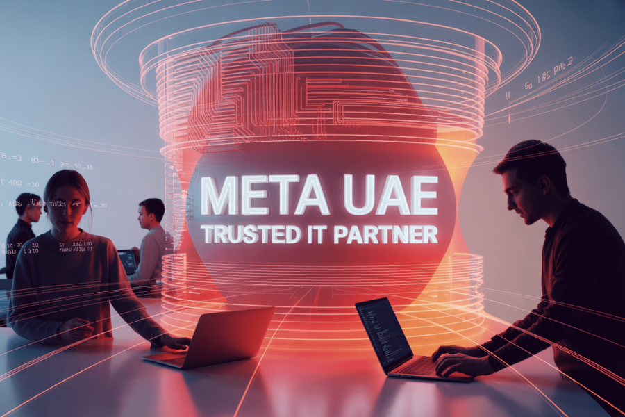 A modern office scene with individuals working on laptops, alongside a glowing display showcasing "META UAE, TRUSTED IT PARTNER".