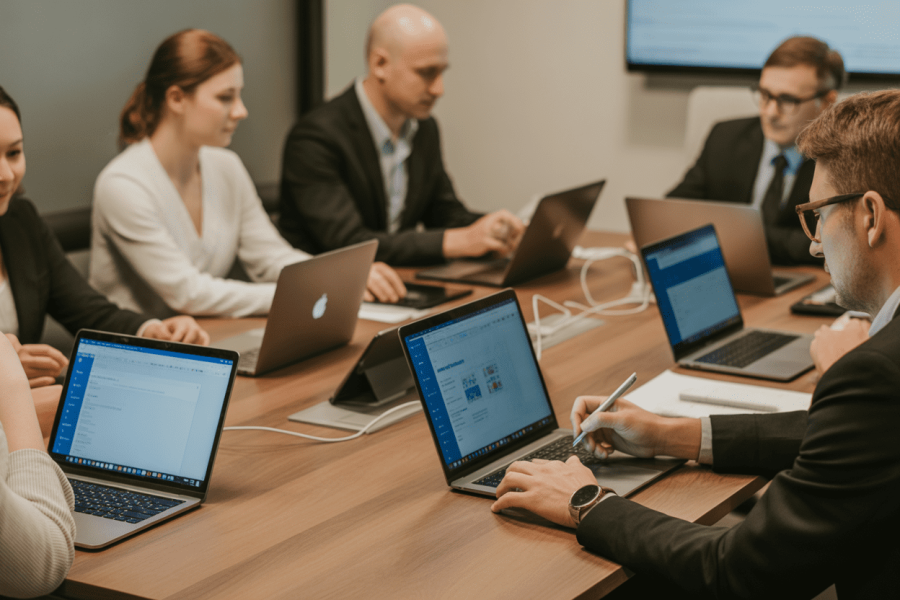 A group of professionals in formal attire engaged in a collaborative meeting, using laptops and digital devices around a wooden conference table.