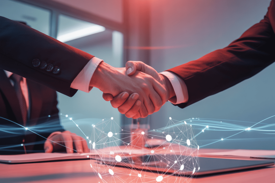 Two business professionals shaking hands, with a digital network overlay symbolizing connectivity and partnership in a corporate setting.